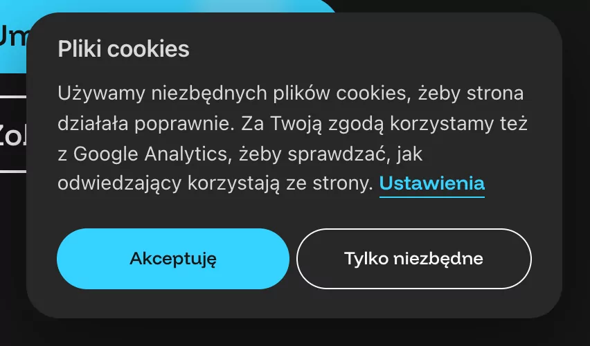 Baner cookies na it360.pl z przyciskami Akceptuję i Tylko niezbędne tej samej wielkości oraz linkiem Ustawienia